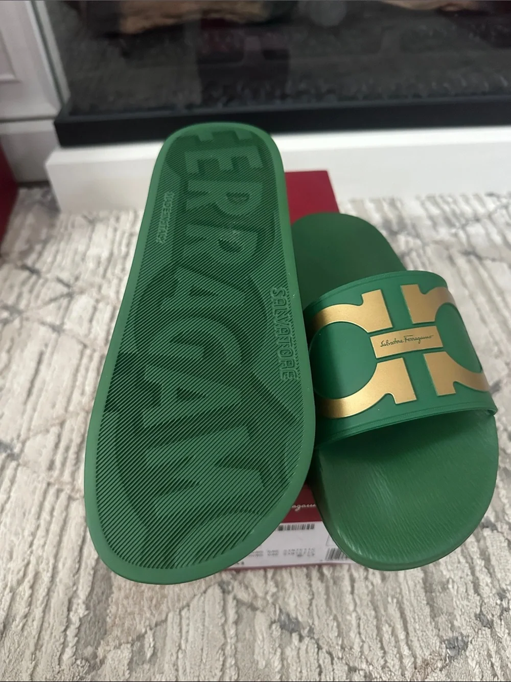 Salvatore Ferragamo Green Slides with Gold Double Gancini